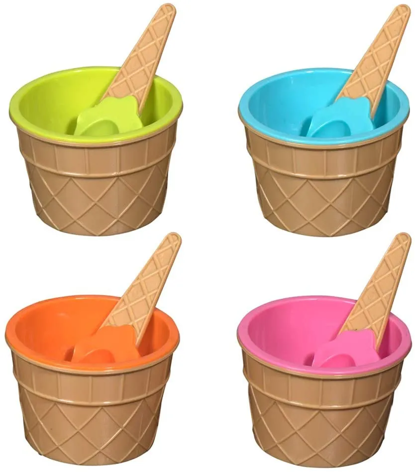 Ice Cream Bowls And Spoons - 2 Orange 2 Pink 2 Light Green 2 Sky Blue