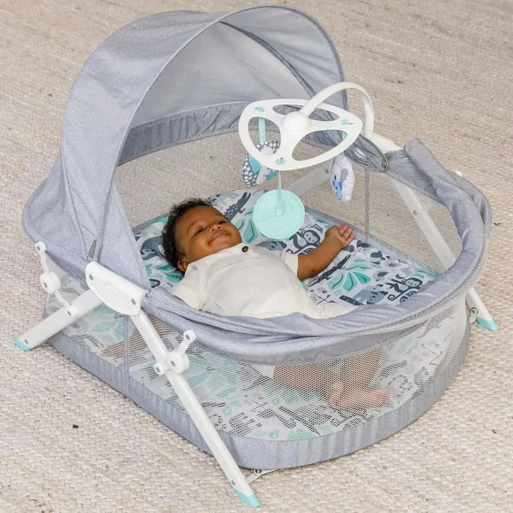 Infantino Sweet Dreams Fold & Go 3 ways to use Bassinet, Compact with hanging toys, Grey, Birth to 9 months