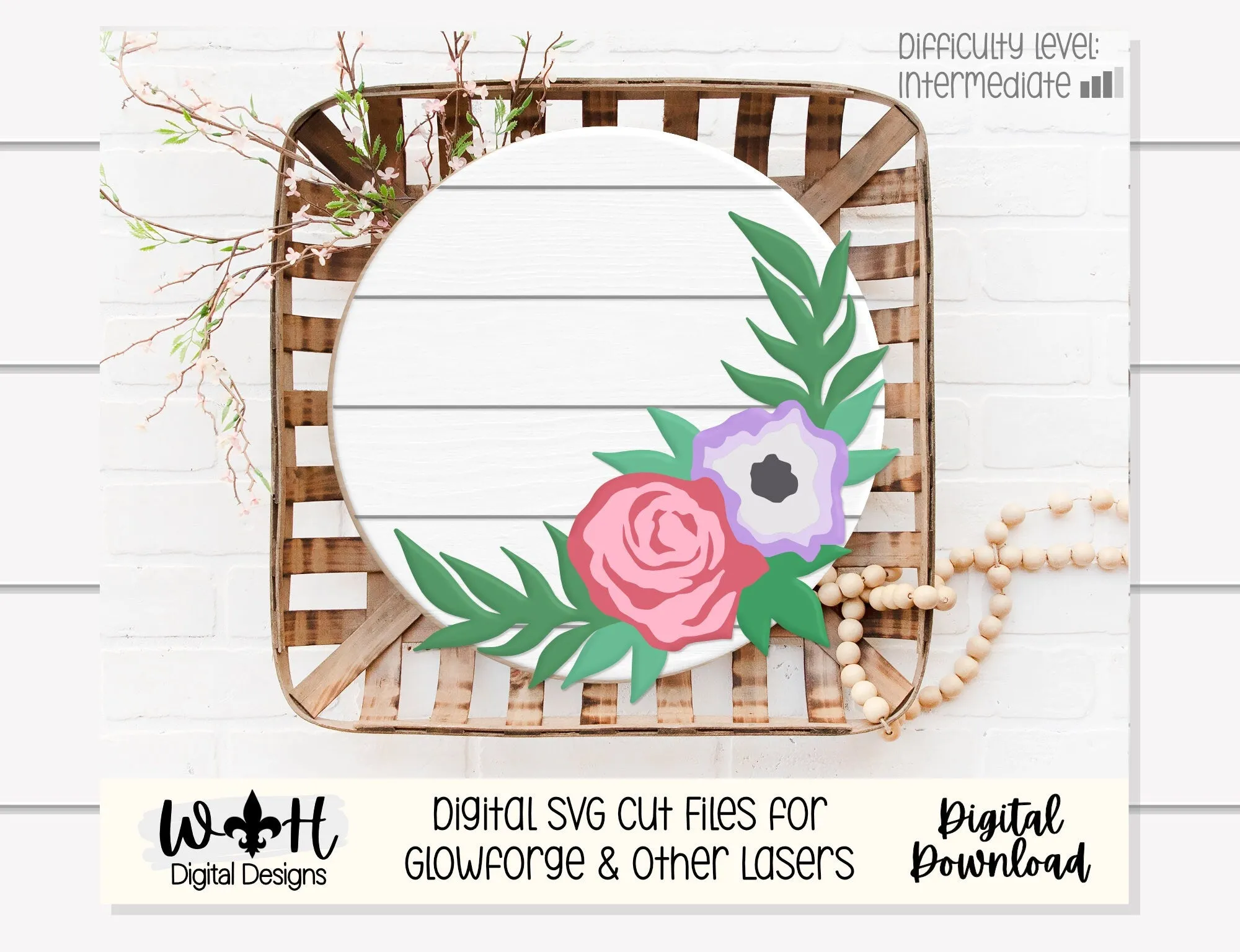 Inset Florals and Greenery Round - Single Line Dremel Shaping - Sign Making and DIY Kits - Cut File For Glowforge Laser - Digital SVG File