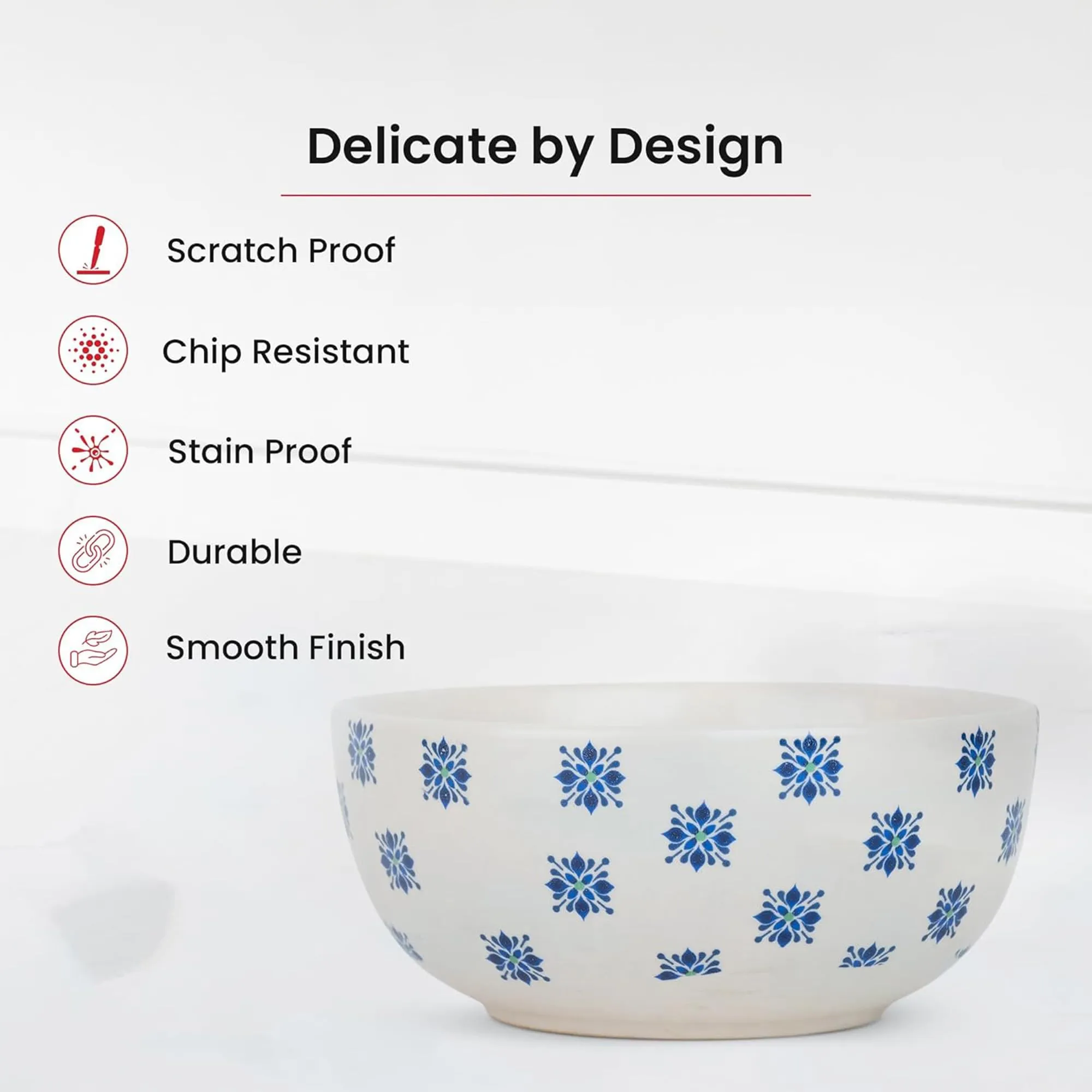 Kuber Industries Ceramic Food Bowl Set | Chini Mitti Bowl | Microwave, Dishwasher Safe Ceramic Bowl | Blue Flower Print - White