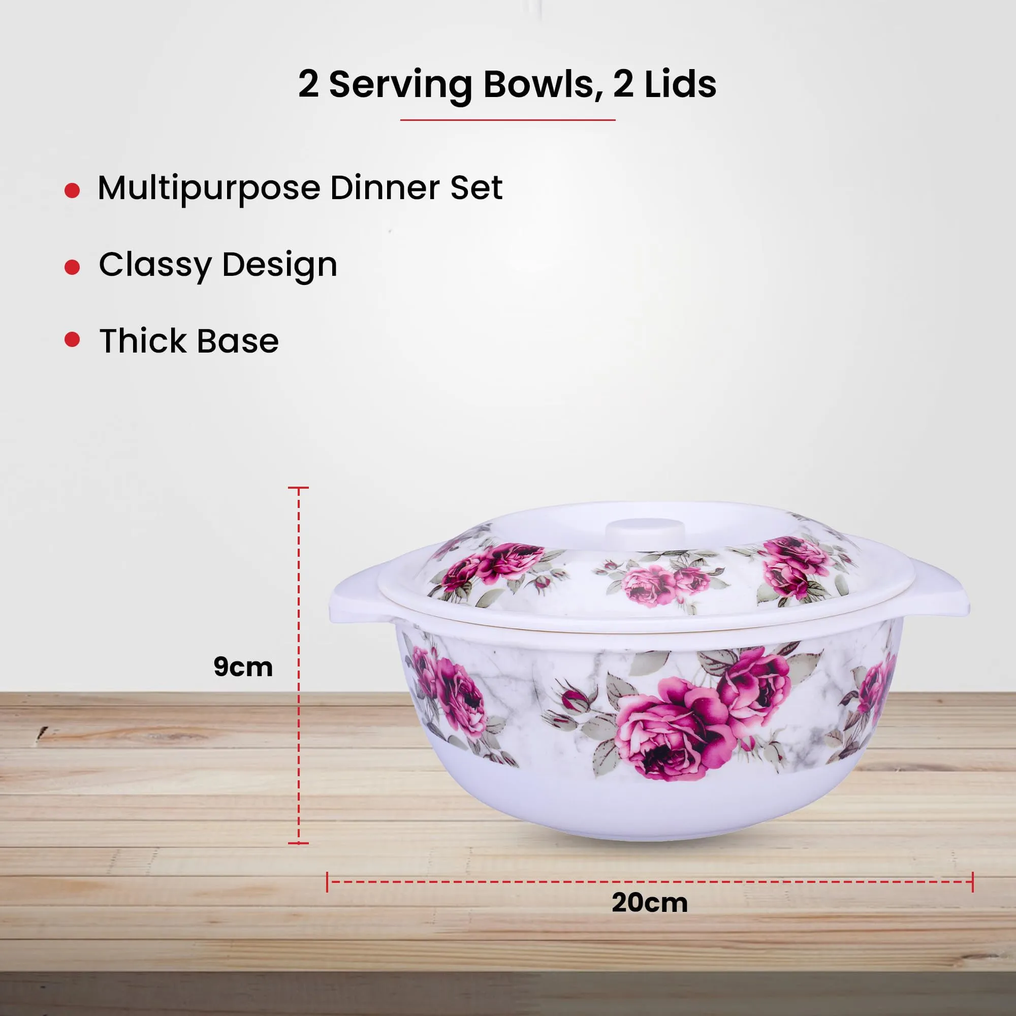 Kuber Industries Microwave Safe & BPA Free Melamine Serving Bowls with Lids Set of 2 | Heat Resistant & Unbreakable Rice Bowl for Serving, Mixing Bowls for Kitchen | Pink Marble Flower