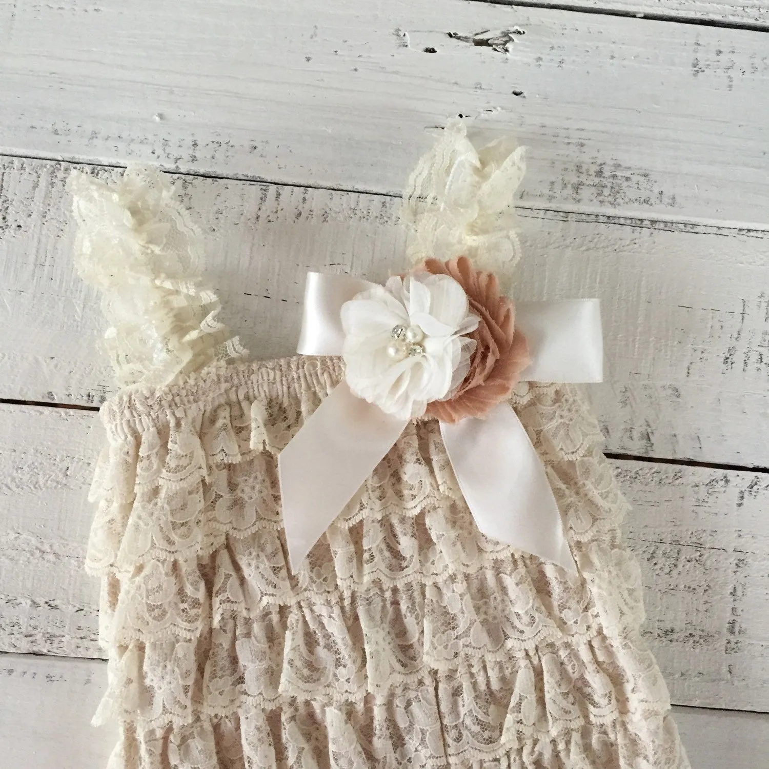 Lace Petti Romper - Champagne and matching flower headband