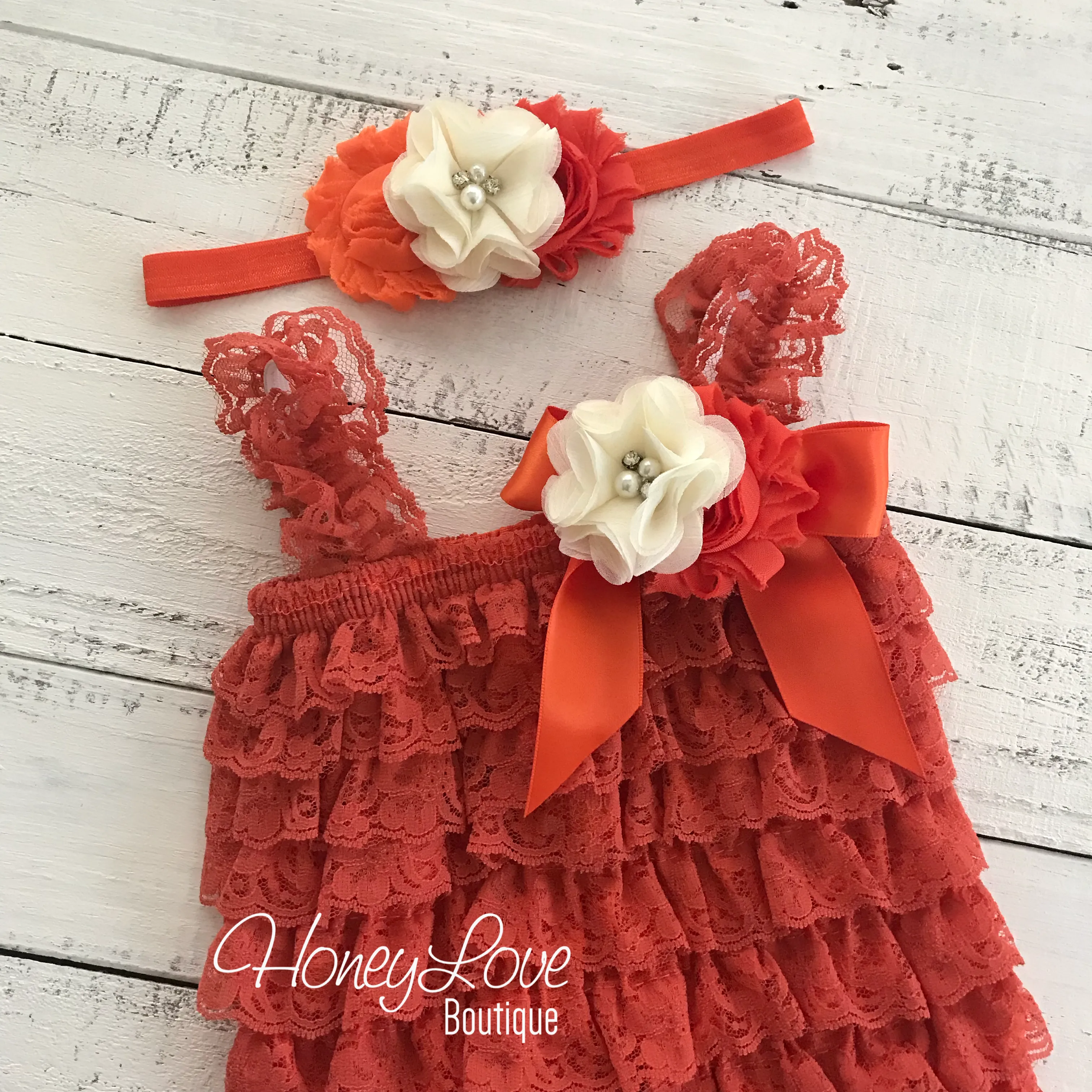 Lace Petti Romper - Embelished Orange romper and matching headband