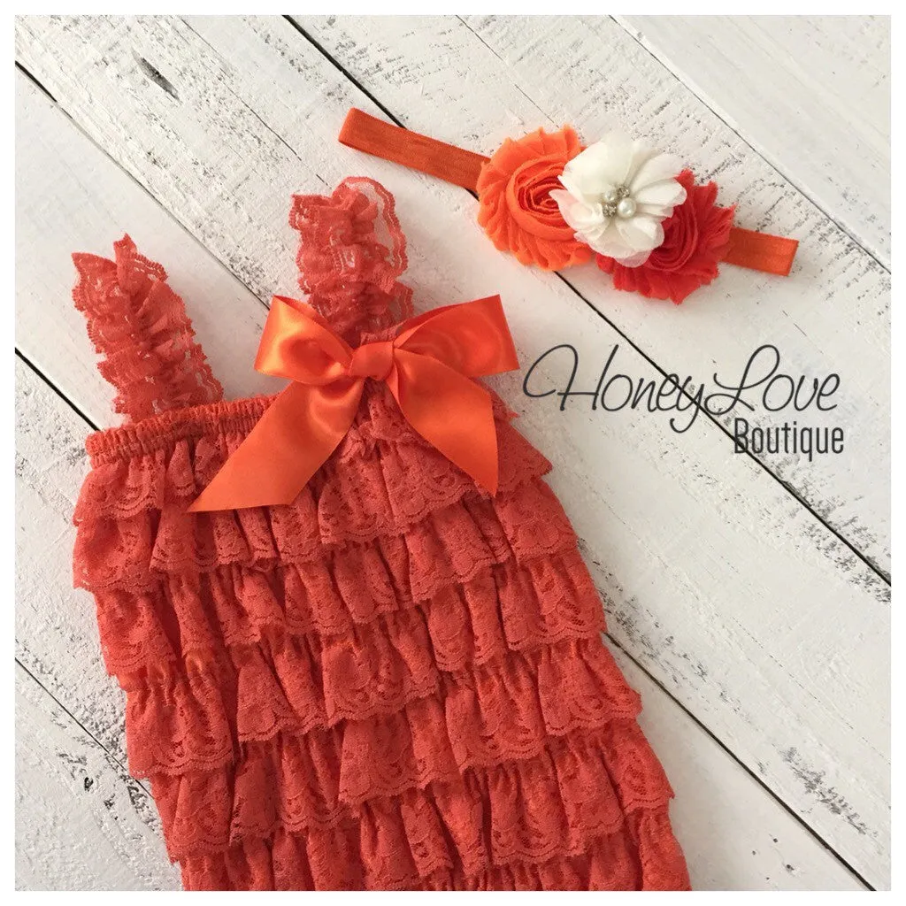 Lace Petti Romper - Embelished Orange romper and matching headband