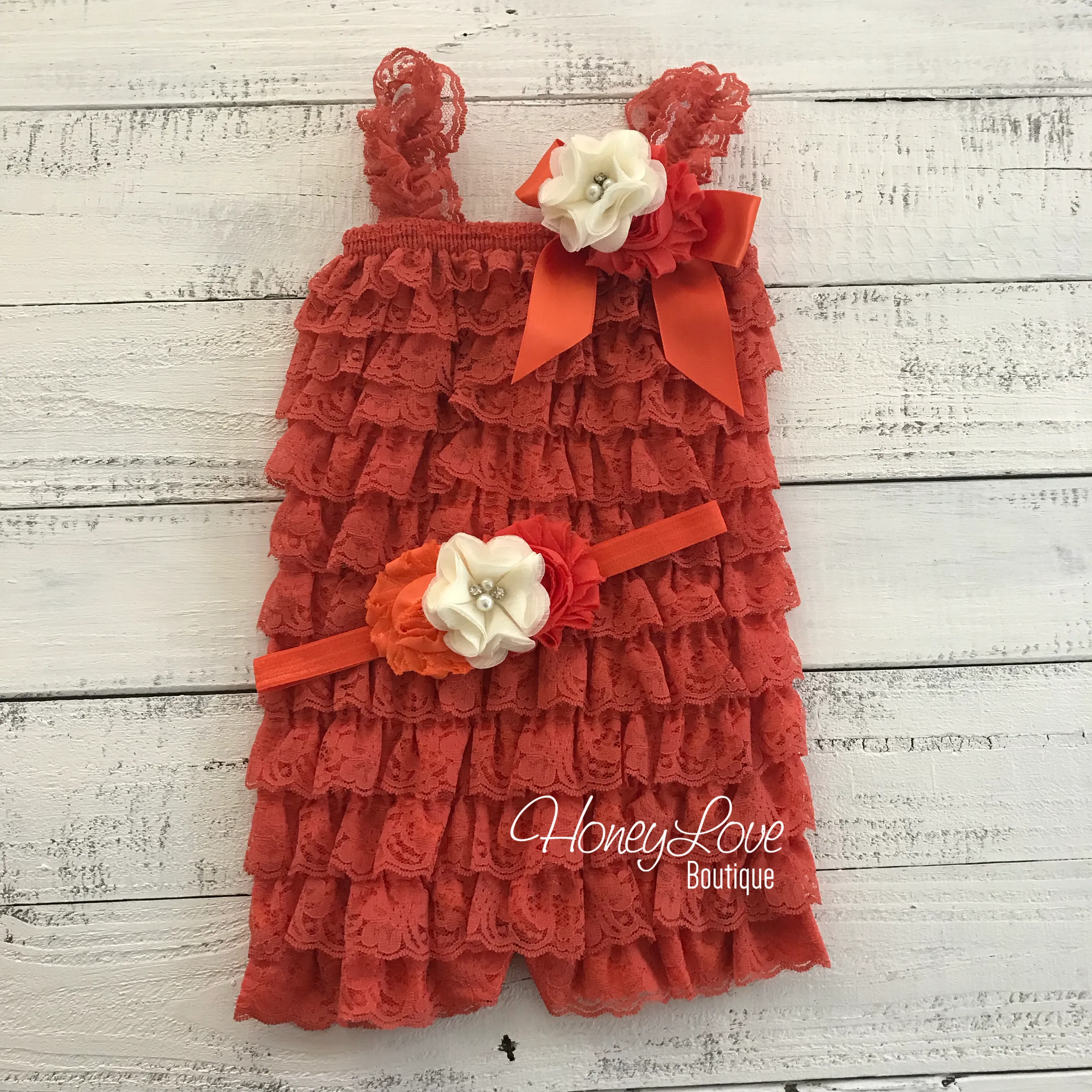 Lace Petti Romper - Embelished Orange romper and matching headband