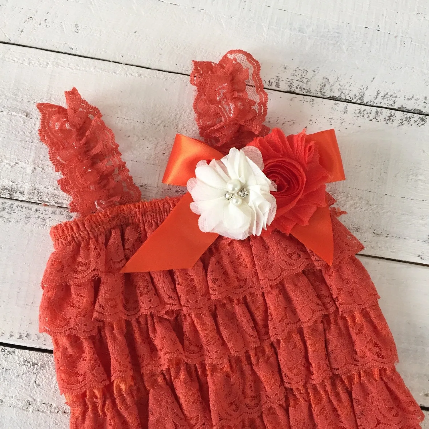 Lace Petti Romper - Embelished Orange romper and matching headband