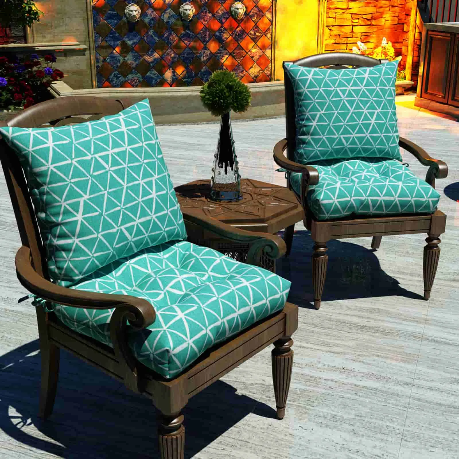 LVTXIII Outdoor U-Shape Tufted Seat Cushions 19”x19”x5” Geomentry Web Green （Set of 2）