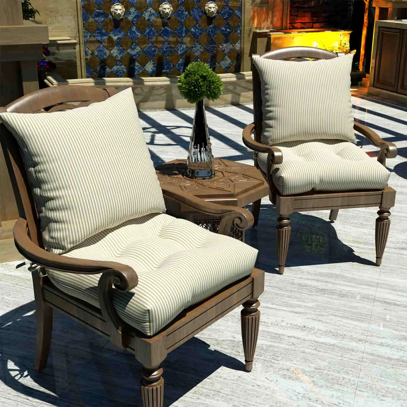 LVTXIII Outdoor U-Shape Tufted Seat Cushions 19”x19”x5” Stripe Beige （Set of 2）