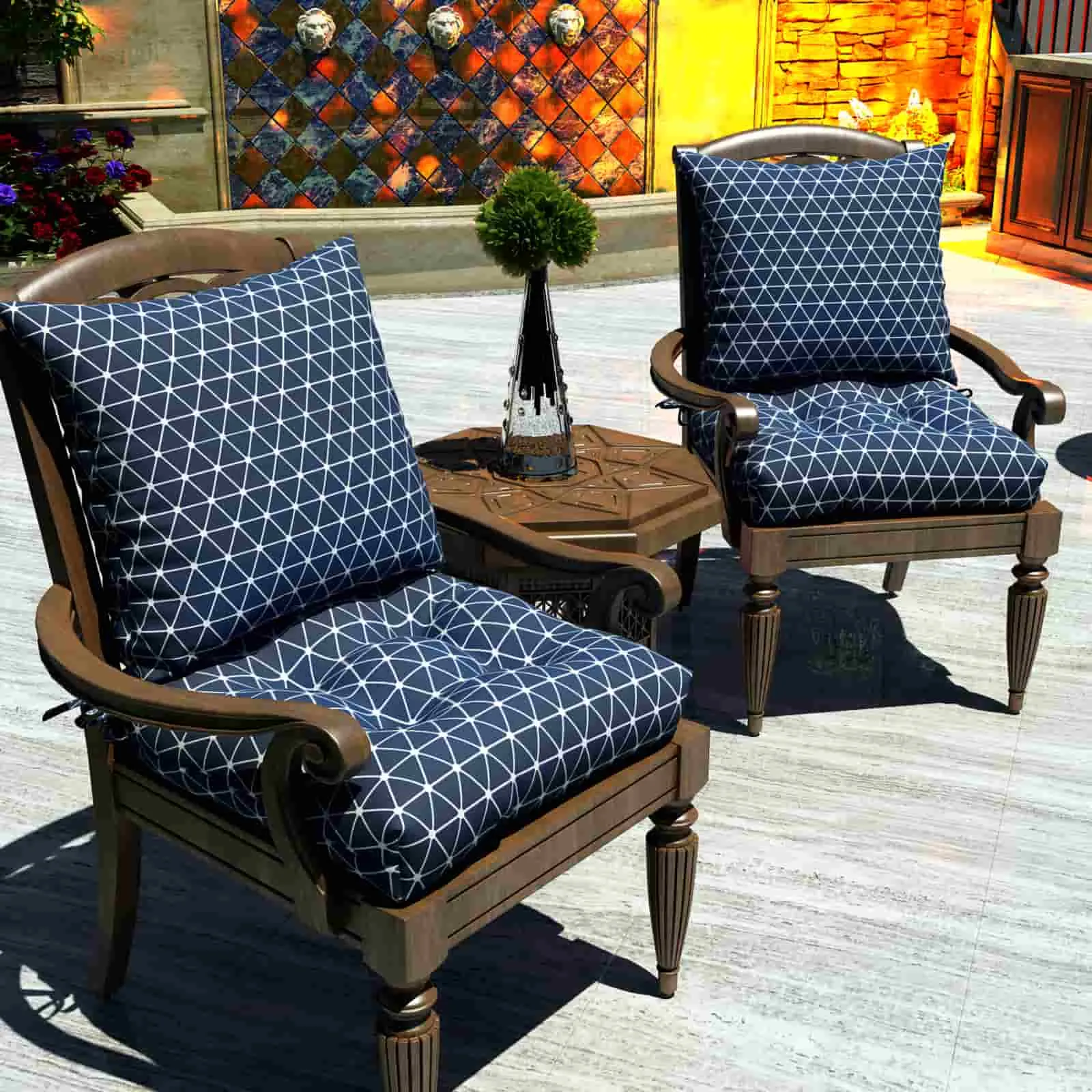 LVTXIII Outdoor U-Shape Tufted Seat Cushions 19”x19”x5”Geomentry Web Navy （Set of 2）