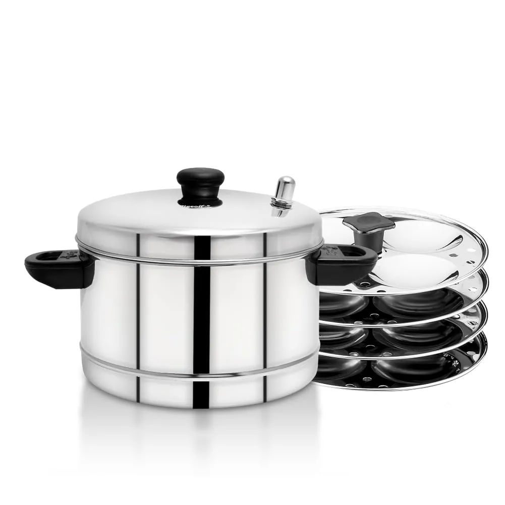 Pigeon Classic Stainless Steel Idly Cooker Pot | Idli Pot compatible with Induction and Gas Stove | Steel Idli Maker with Silver Lid - 4 Plates (for 12 Idlies)