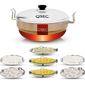 QSEC Stainless Steel idly cooker Multi Kadai Idli and dhokla Steamer & idli cooker with 7 plates | Mini idli stand | 2 Mini Idli plate | 2 idli | 2 Dhokla | 1 Momos | Multi utility kadai cookware set