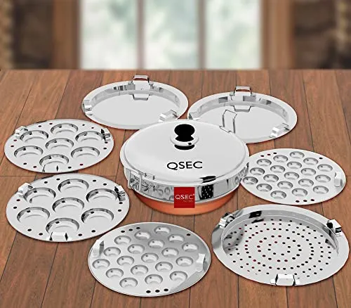 QSEC Stainless Steel idly cooker Multi Kadai Idli and dhokla Steamer & idli cooker with 7 plates | Mini idli stand | 2 Mini Idli plate | 2 idli | 2 Dhokla | 1 Momos | Multi utility kadai cookware set