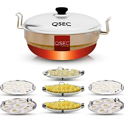 QSEC Stainless Steel idly cooker Multi Kadai Idli and dhokla Steamer & idli cooker with 7 plates | Mini idli stand | 2 Mini Idli plate | 2 idli | 2 Dhokla | 1 Momos | Multi utility kadai cookware set