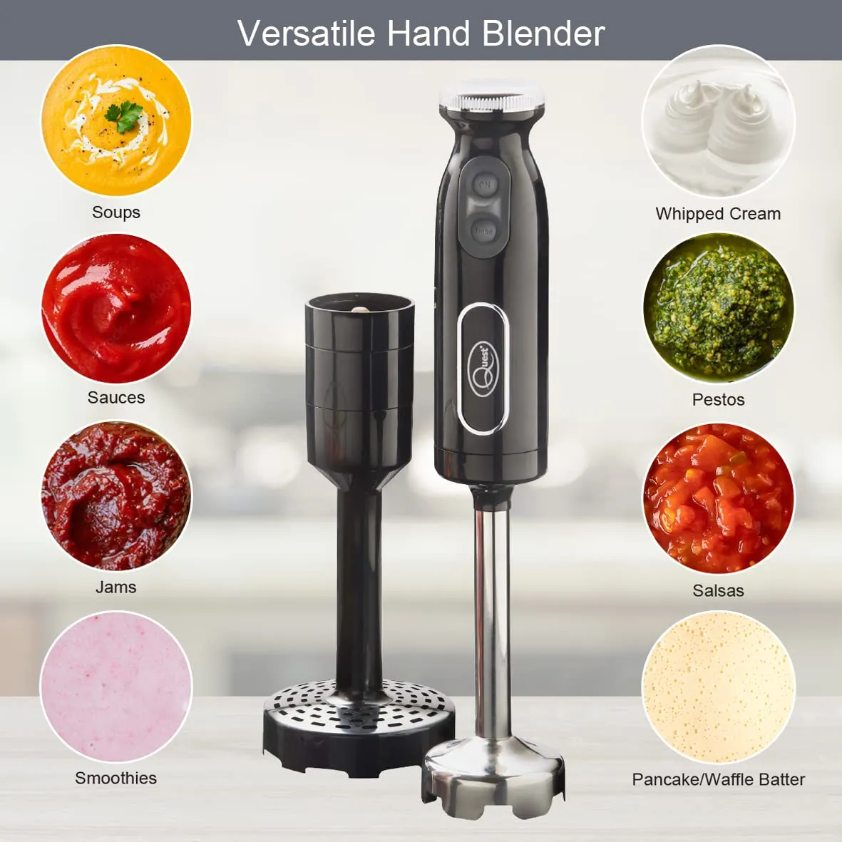 Quest 32129 Handheld Stick Blender & Masher/Ergonomic Design with Detachable Stick/Turbo Speed Button/Strong Titanium Blade / 750ml Beaker Included/Anti-Splash Cover / 700W