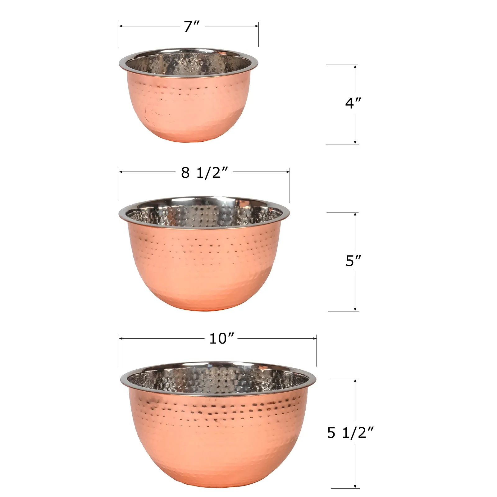 Red Co. Set of 3 Stainless Steel Nesting Mix and Serve Bowls, 5, 3, and 1.5 Qt. - Hammered Copper Finish