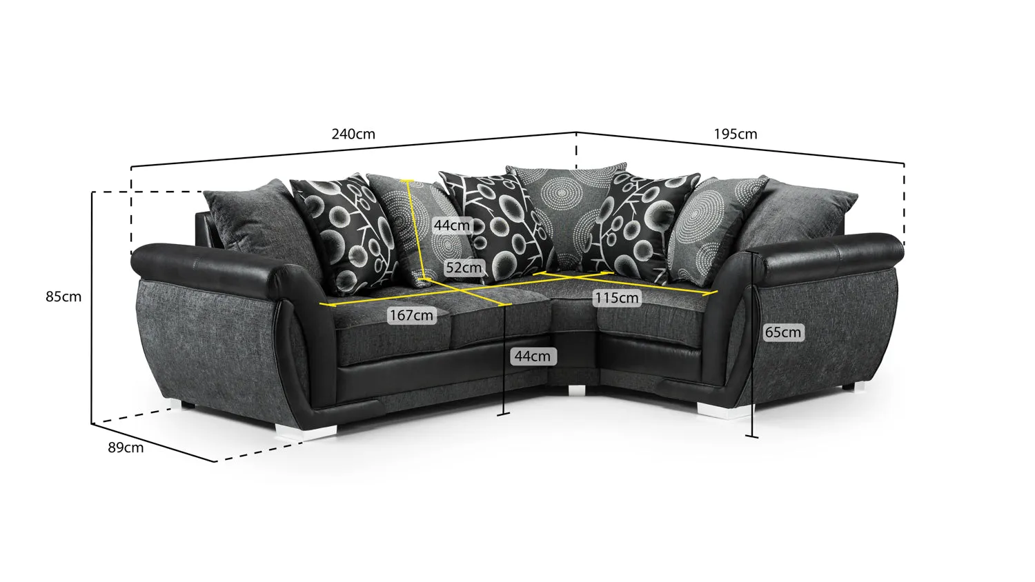 Shannon Sofa - Black/Grey Right Hand Facing Corner - 240 x 195 CM