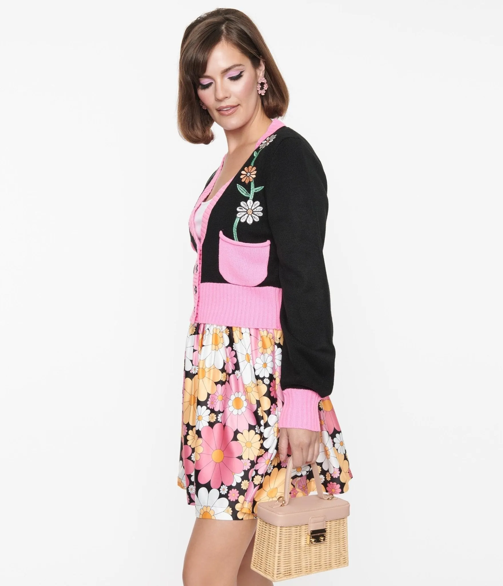 Smak Parlour Black & Pink Flower Pocket Cardigan