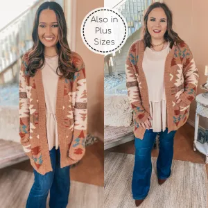 Snuggles in Sheridan Aztec Print Open Front Cardigan in Tan