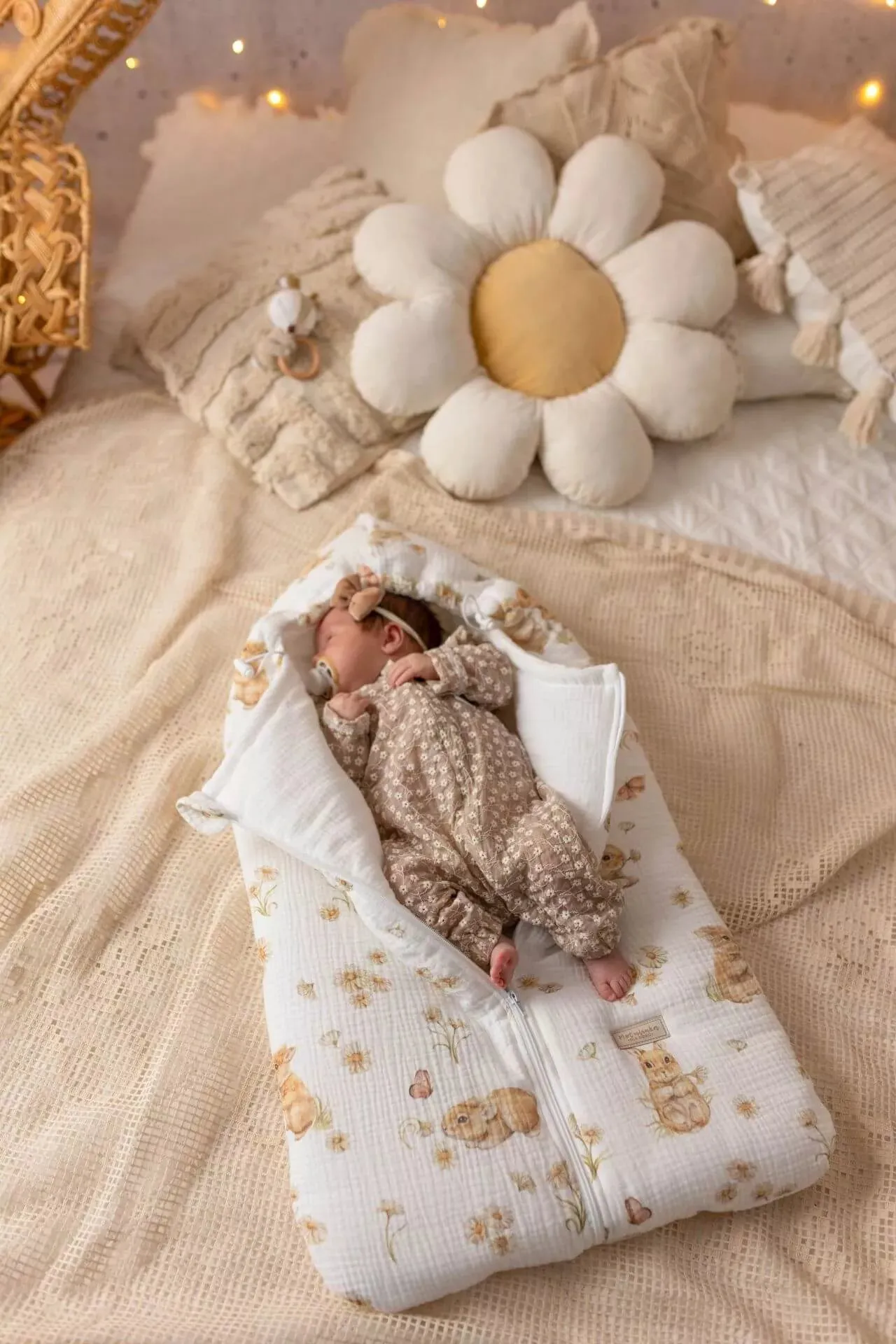 Soft Cotton Rompers with Embroidered Flowers, Zip Up - Sand (0-12 months)