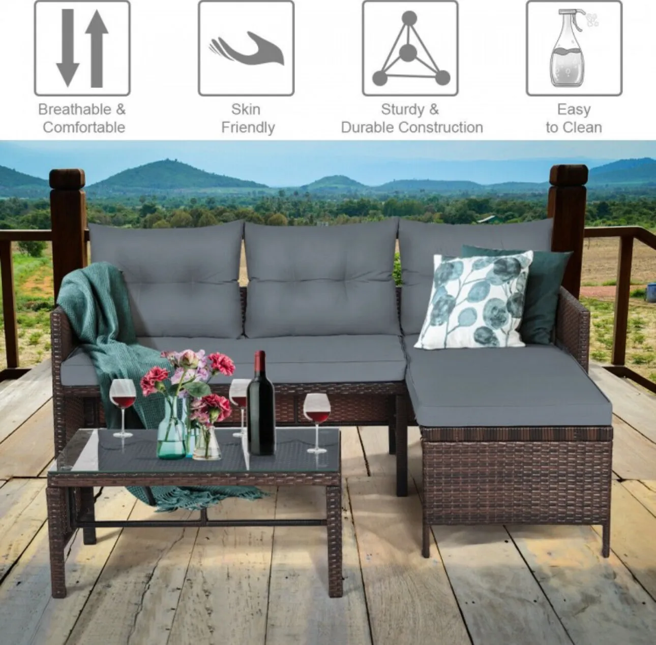 Super Duty Comfortable 3 Piece Outdoor Patio Corner Rattan Sofa Couch Set | Easy To Clean | Water Resistant