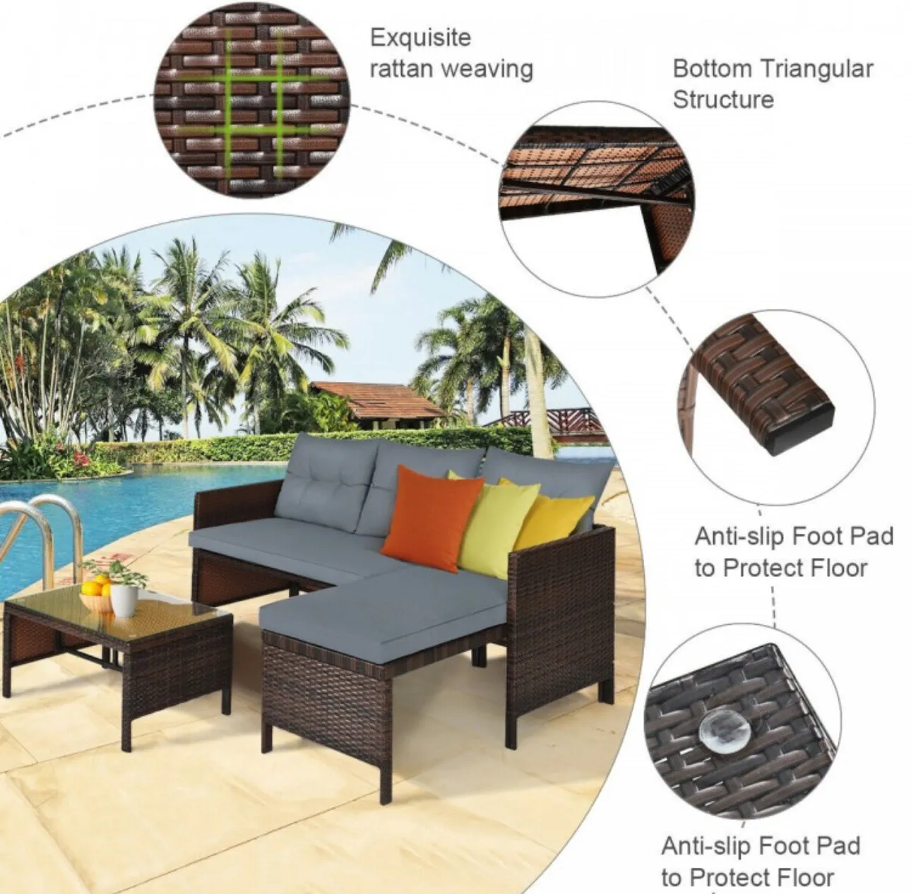 Super Duty Comfortable 3 Piece Outdoor Patio Corner Rattan Sofa Couch Set | Easy To Clean | Water Resistant