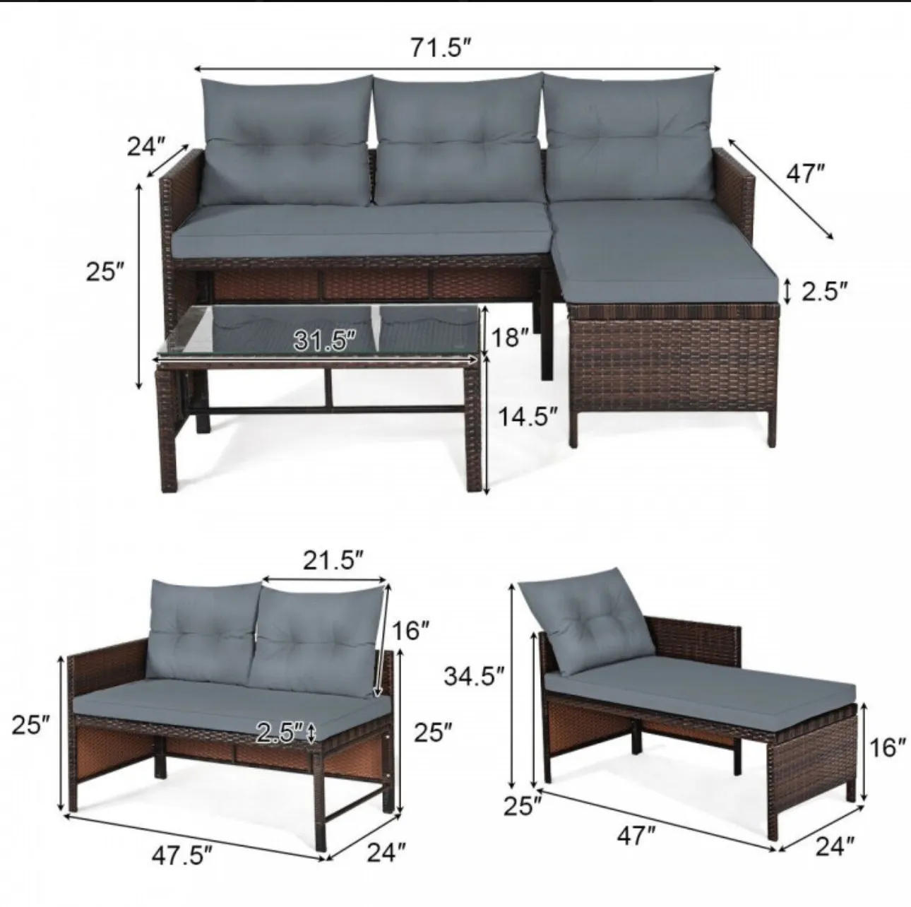 Super Duty Comfortable 3 Piece Outdoor Patio Corner Rattan Sofa Couch Set | Easy To Clean | Water Resistant