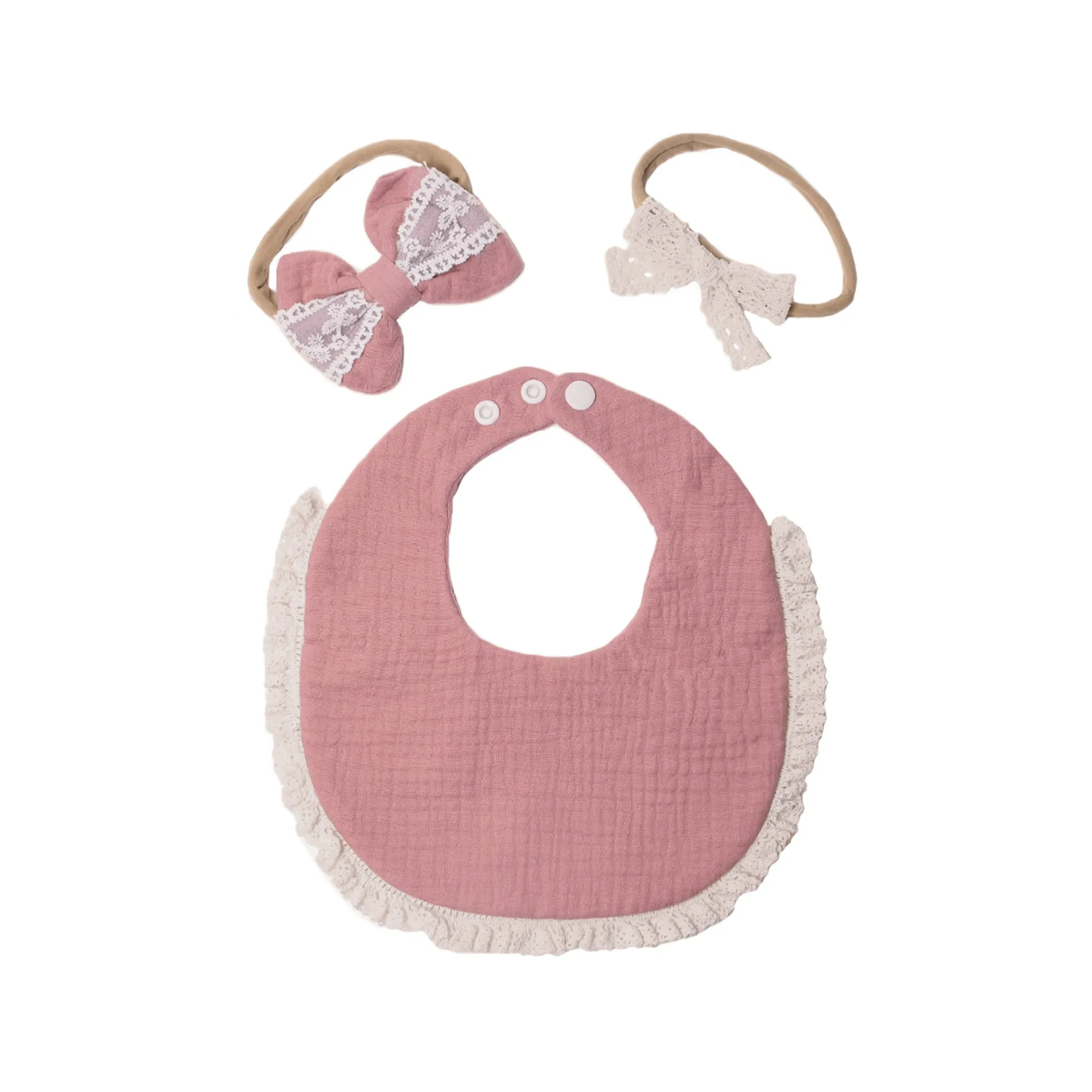 THE LITTLE LOOKERS Muslin Baby Bibs Drool Bibs Headband Set Drool Cloths Bibs 4-Layer Organic Cotton Lace Waterproof for Girls (Pack of 1)