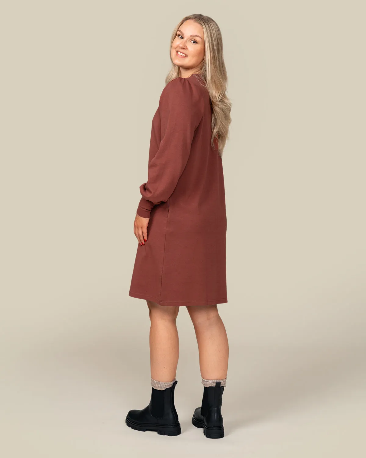 Toive Puff Sleeve Dress Rust Red