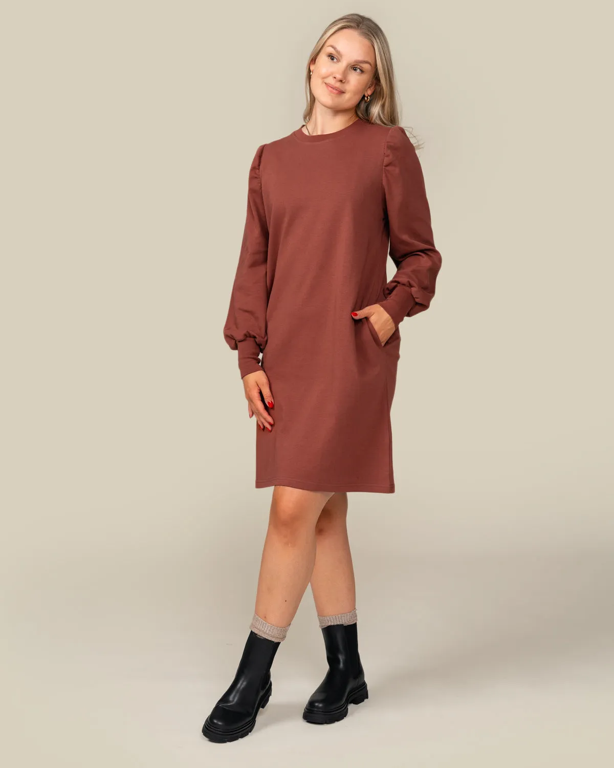 Toive Puff Sleeve Dress Rust Red