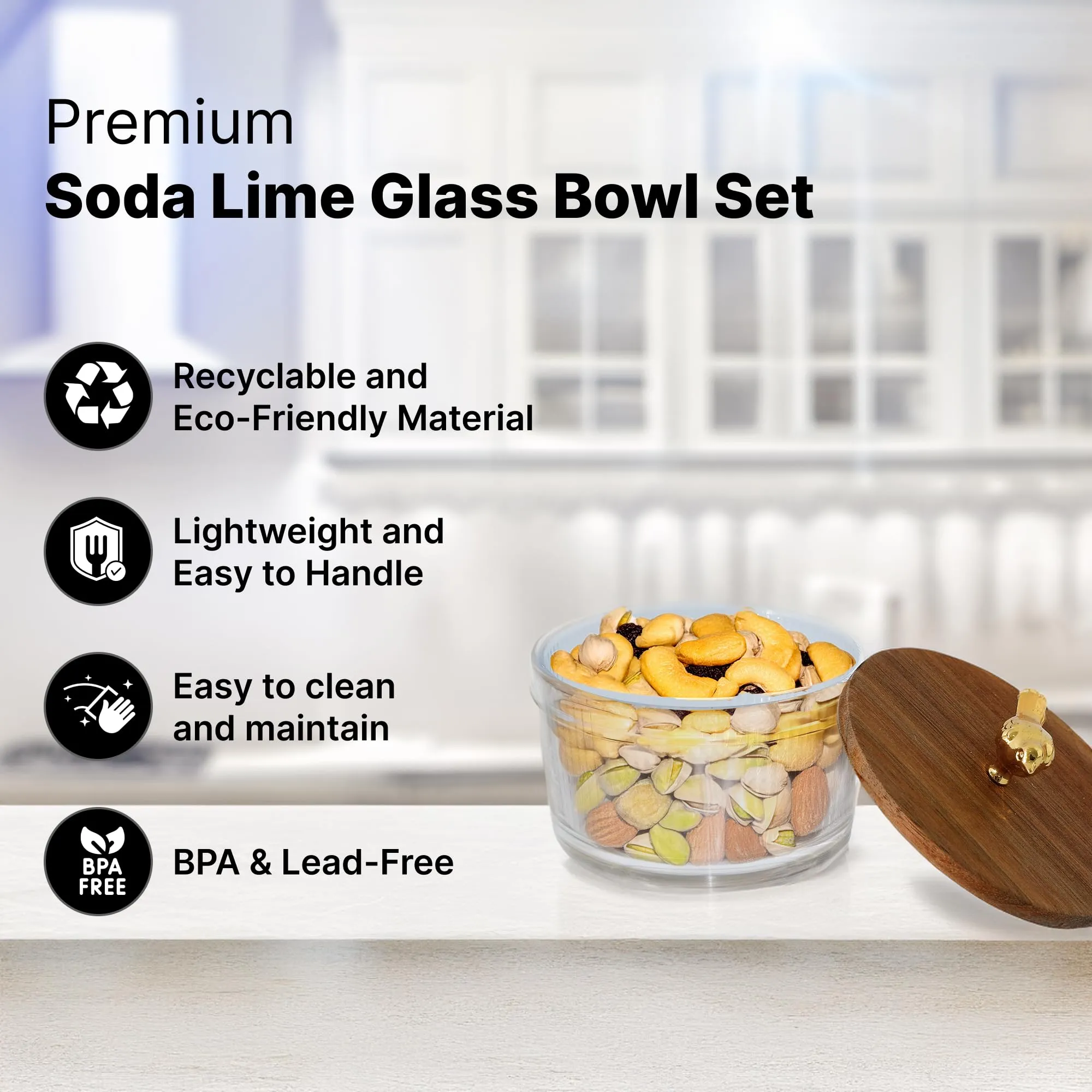 UMAI Platters Serving Set For Snacks With Wooden Tray & 4 Jars (160ml each) | Premium Soda Lime Glass | Snacks Serving Bowls With Tray | Serving Tray With Bowls For Snacks (Design 1)