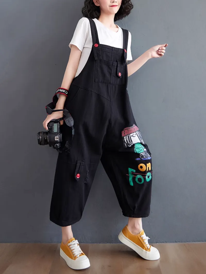 Women's Casual Cool Cartoon Printed Ripped Dungarees