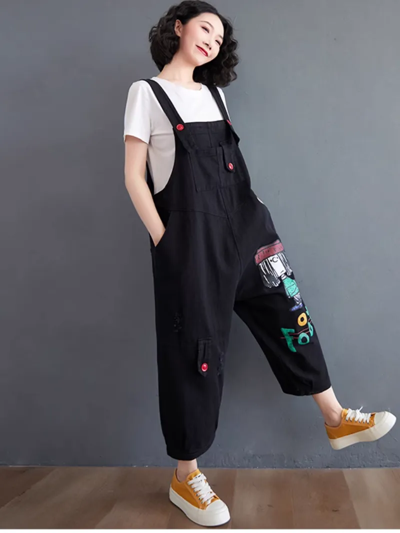 Women's Casual Cool Cartoon Printed Ripped Dungarees