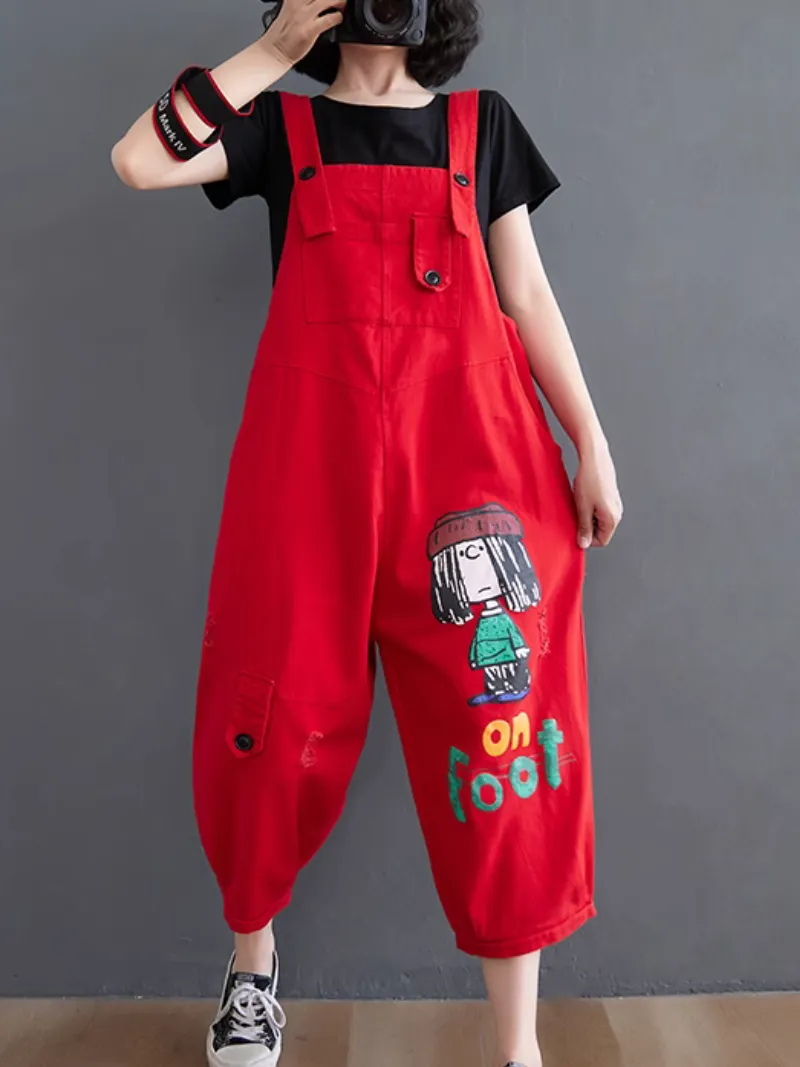 Women's Casual Cool Cartoon Printed Ripped Dungarees