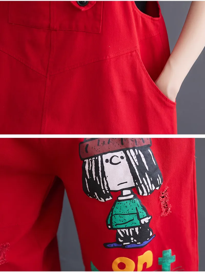 Women's Casual Cool Cartoon Printed Ripped Dungarees