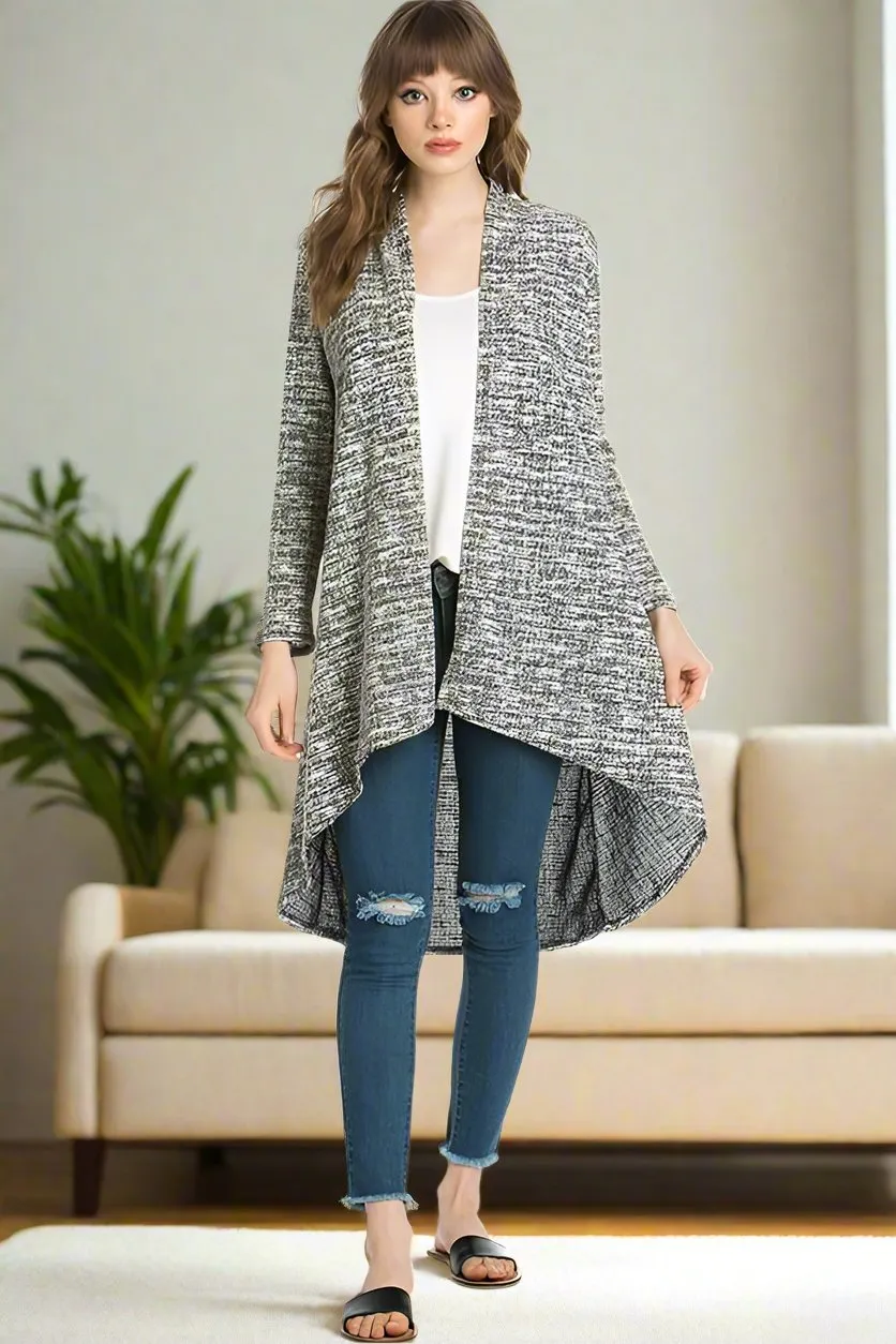 Womens Heather Gray Long Cardigan, Striped High-Low Duster, Sizes S/M/L, Gray/Black