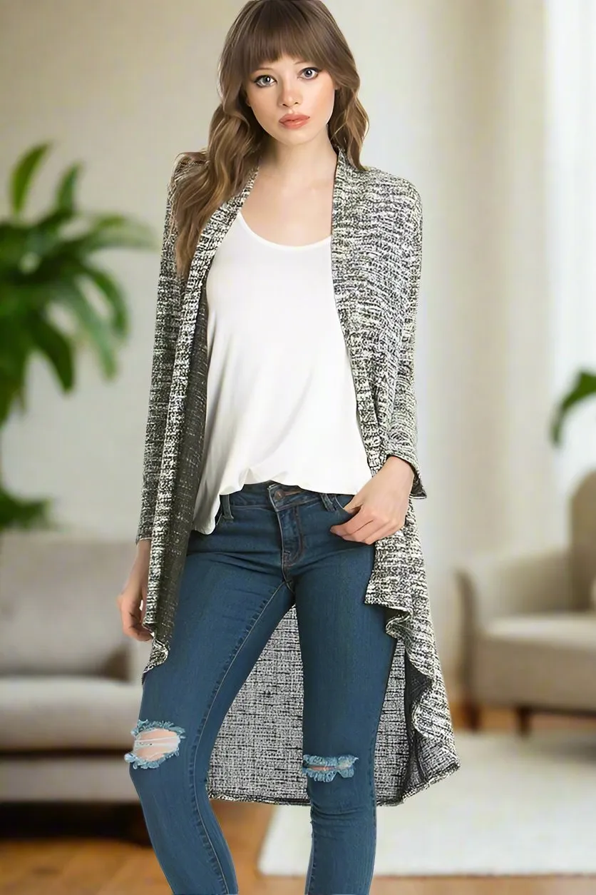 Womens Heather Gray Long Cardigan, Striped High-Low Duster, Sizes S/M/L, Gray/Black