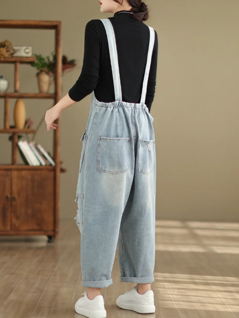 Women's Lightweight Ripped Denim Overalls Dungaree