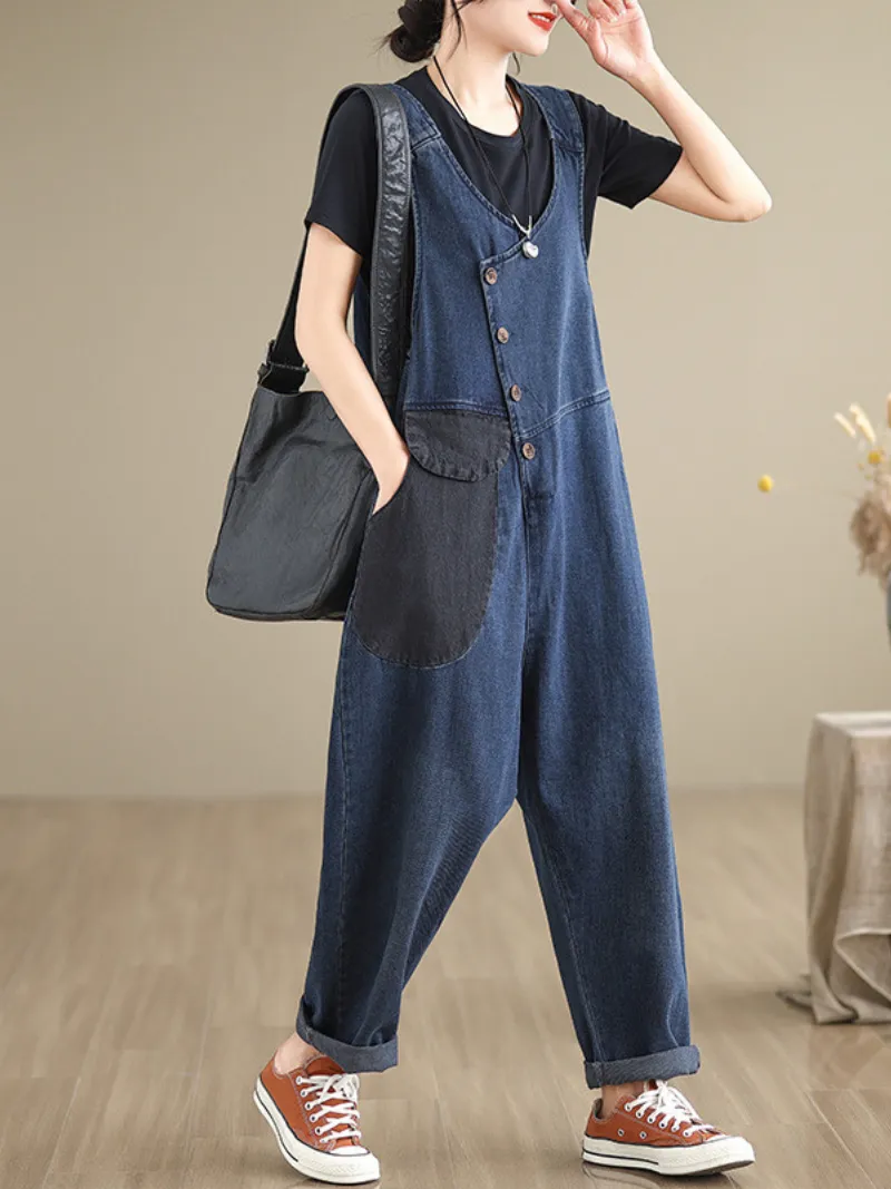 Women's Long Pockets Overalls Denim Cotton Dungarees