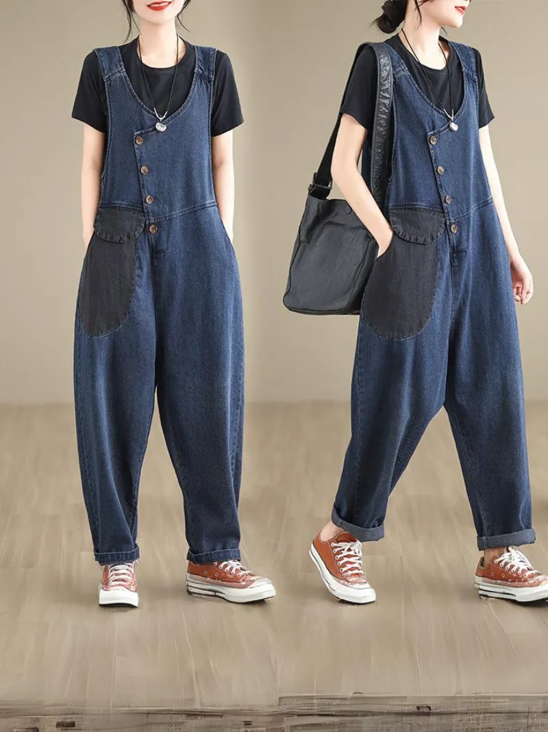 Women's Long Pockets Overalls Denim Cotton Dungarees