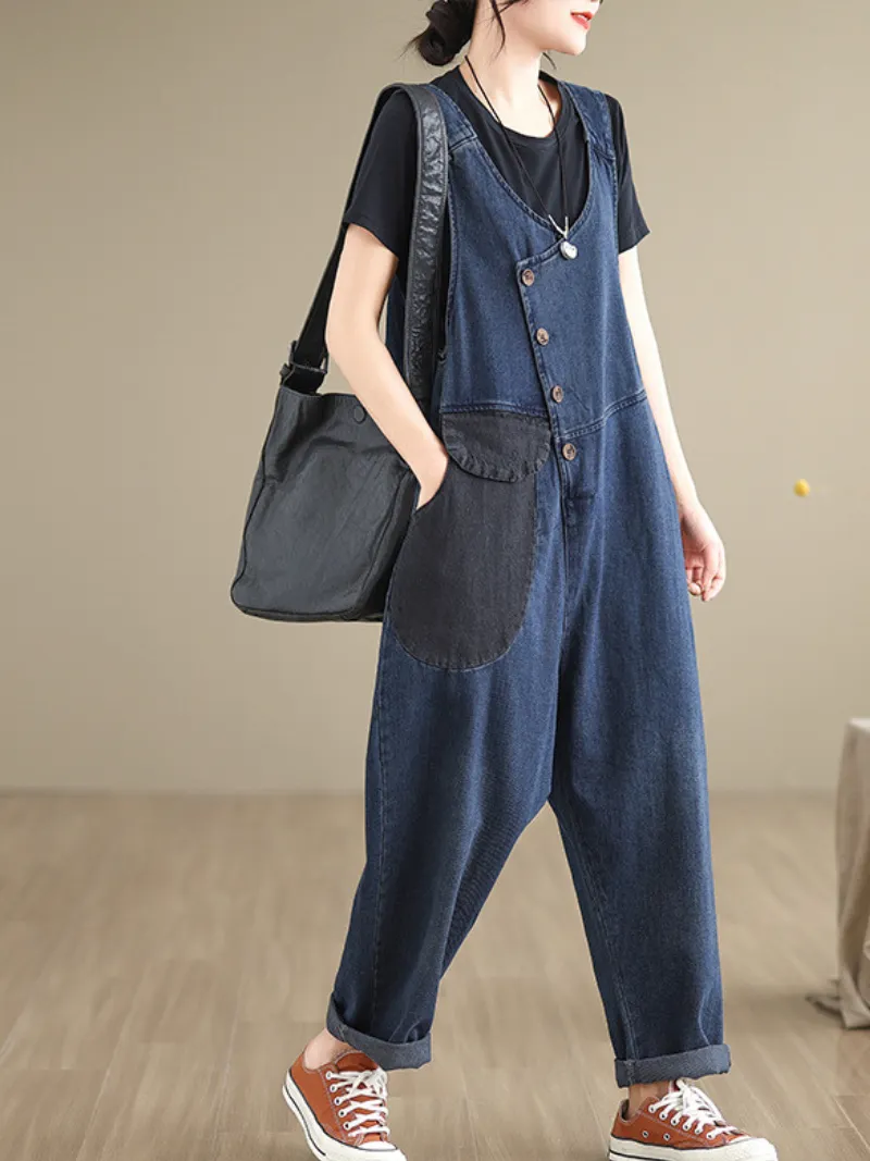 Women's Long Pockets Overalls Denim Cotton Dungarees