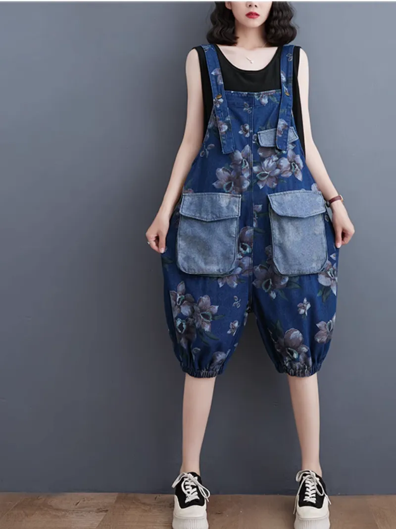 Women's Printed Bib Shorts Large Pockets Overalls Dungarees