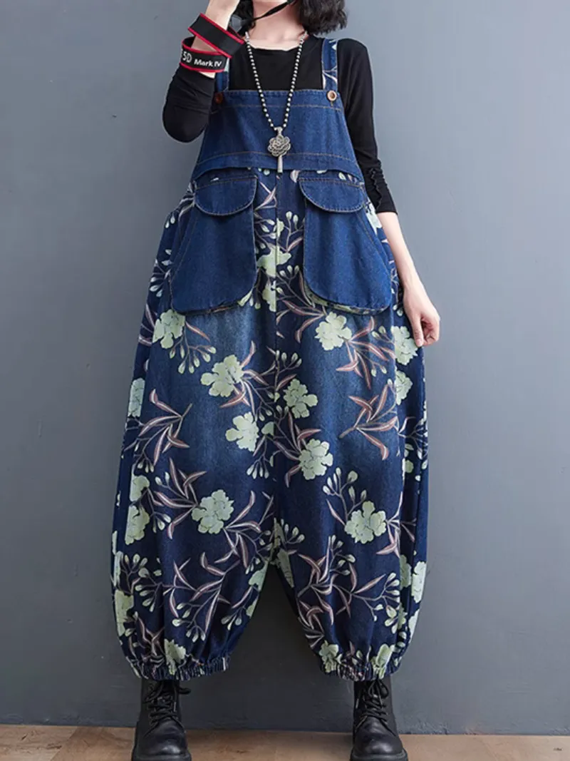 Women’s  Summer Comfy Party Look Printed Flower Dungarees