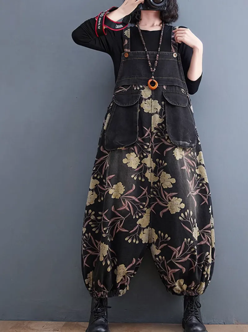 Women’s  Summer Comfy Party Look Printed Flower Dungarees