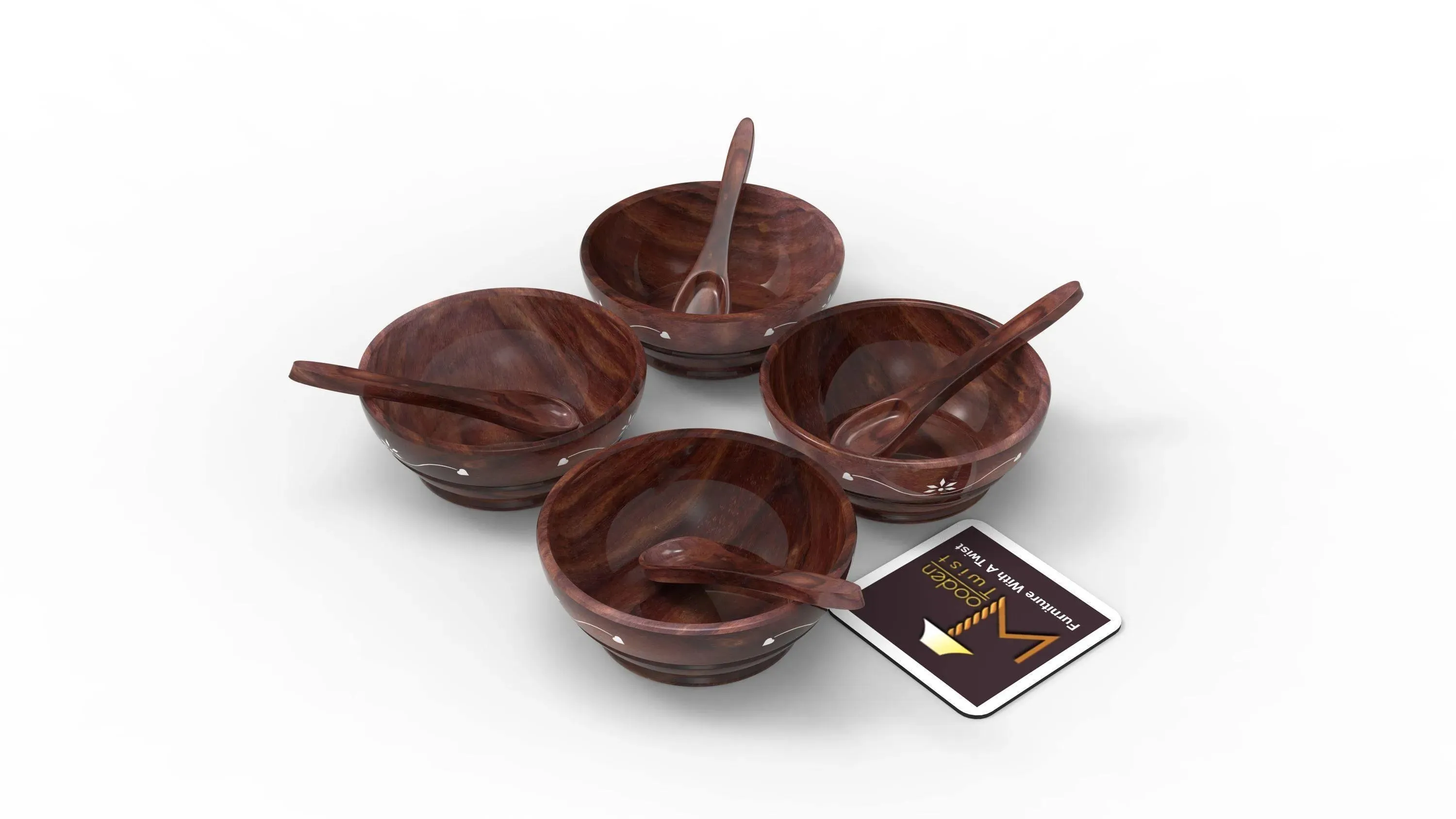 Wooden Twist Flaky Leaf Design Sheesham Wood Dry Fruit Bowl ( Set of 4 with Four Spoons )