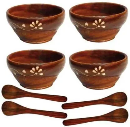 Wooden Twist Flaky Leaf Design Sheesham Wood Dry Fruit Bowl ( Set of 4 with Four Spoons )